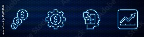 Set line Head puzzles strategy, Financial growth and dollar, Gear with and increase. Glowing neon icon on brick wall. Vector