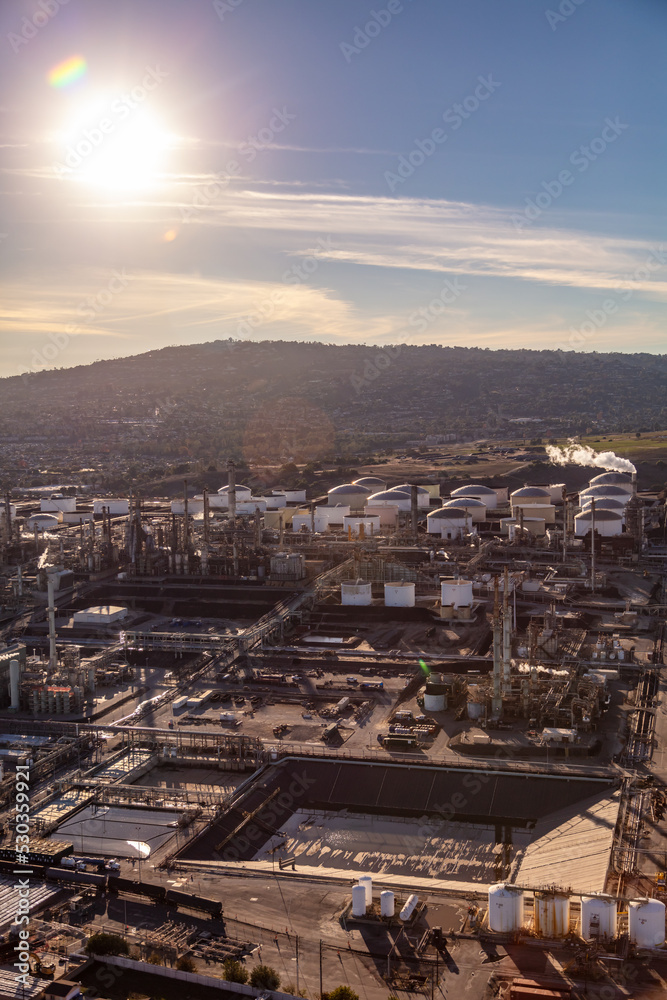 Aerial oil storage tanks petrochemical Refinery Los Angeles