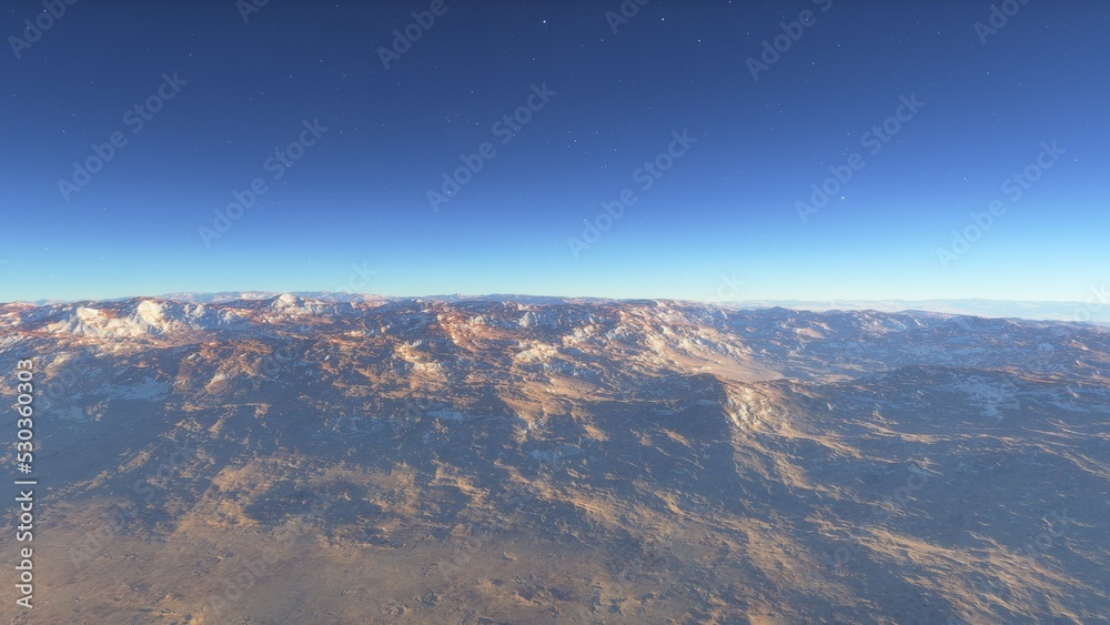 Fototapeta premium Mars like red planet, with arid landscape, rocky hills and mountains, for space exploration and science fiction backgrounds.