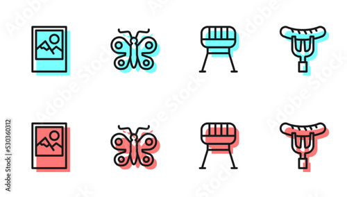 Set line Barbecue grill, Photo frame, Butterfly and Sausage on the fork icon. Vector