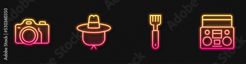Set line Fork, Photo camera, Camping hat and Home stereo with two speakers. Glowing neon icon. Vector