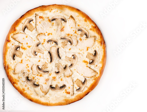 Pizza with mushrooms, meat white sause and cheese isolated on white background. Copyspace. Top view