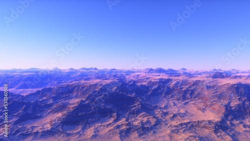 Mars like red planet  with arid landscape  rocky hills and mountains  for space exploration and science fiction backgrounds.