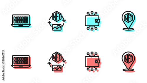 Set line Cryptocurrency wallet, Binary code, NFT Digital crypto art and icon. Vector
