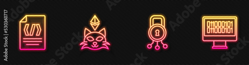 Set line Cyber security, Binary code, NFT Digital crypto art and . Glowing neon icon. Vector