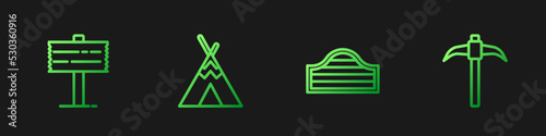Set line Saloon door, Road traffic signpost, Indian teepee wigwam and Pickaxe. Gradient color icons. Vector