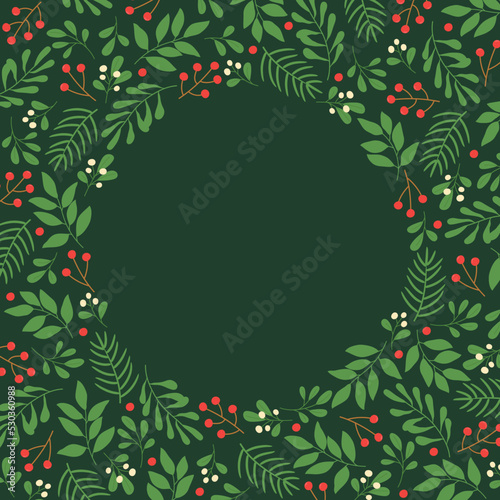 Frame with winter twigs and berries on green background. Template for greeting cards, invitation, poster, banner, flyer.