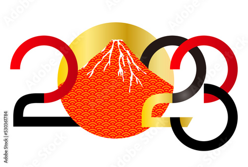 2023年卯年年賀状-和柄富士山と初日の出イラスト素材	