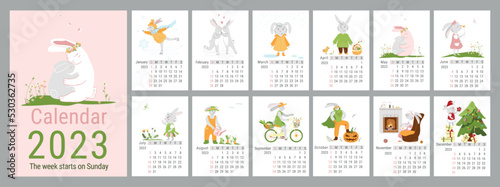 Vector vertical calendar for 2023 with cute hares. A collection of different images of hares for the whole year. The week starts on Sunday. Template with A4 size cover
