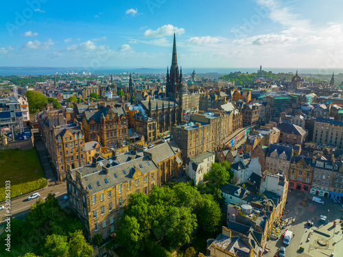 Old Town and Tolbooth Church on Royal Mile aerial view in Edinburgh, Scotland, UK. Old town Edinburgh is a UNESCO World Heritage Site since 1995.  photo