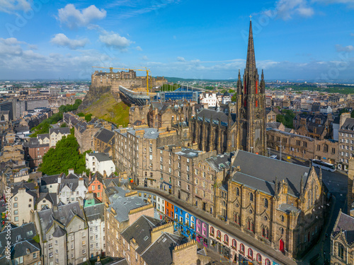 Old Town and Tolbooth Church on Royal Mile aerial view in Edinburgh, Scotland, UK. Old town Edinburgh is a UNESCO World Heritage Site since 1995. 