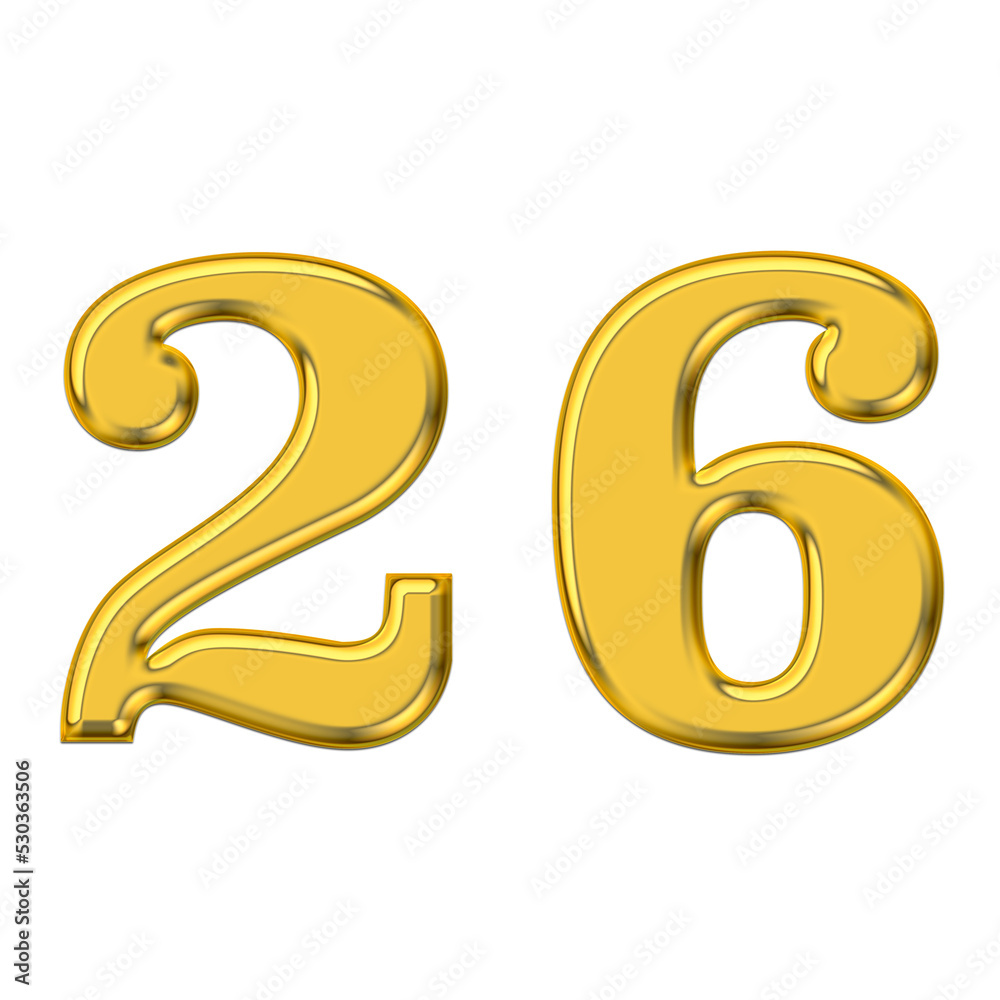 Gold 3d number 26, PNG transparent background, birthday celebrations, social media. Gold 3d number 26, PNG transparent background, birthday celebrations, social media.