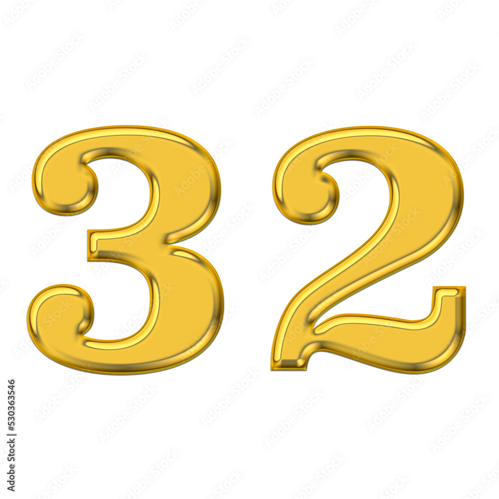 Gold 3d number 32, PNG transparent background, birthday celebrations, social media. Gold 3d number 32, PNG transparent background, birthday celebrations, social media.