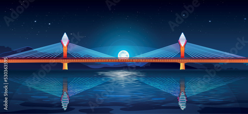 Durgam Cheruvu Cable Bridge in Hyderabad, Telangana, India - Night view Neon Vector