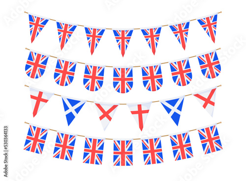 UK flag garland. Union Jack pennants chain. British party bunting decoration. Great Britain flags for celebration. Footer and banner background.