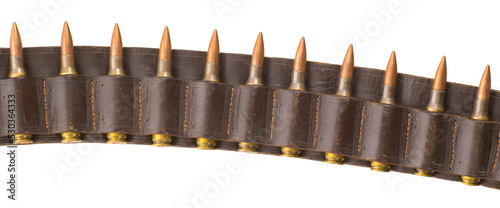 Leather bandolier with 7.62 ammunition isolated on white.