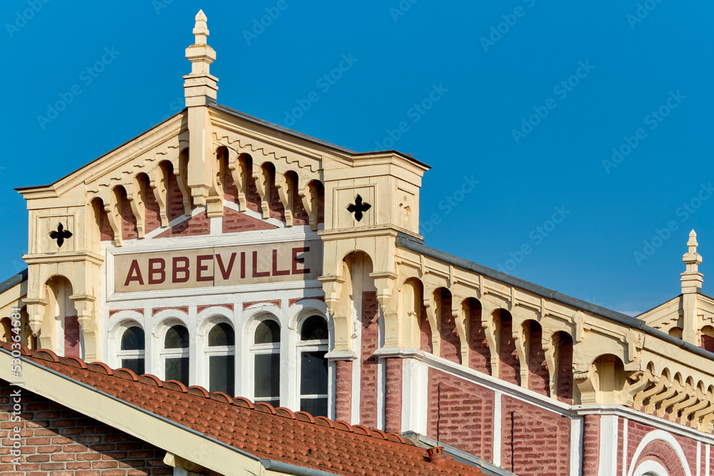 detail of the Abbeville railway station, of seaside regional style, is built a frame of wood with red brick cladding in the Somme department and in Hauts-de-France region in northern France