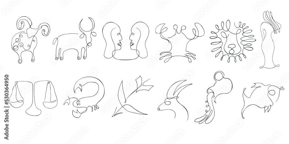 Collection of zodiac signs on white background. Line art icons. Astrology