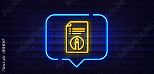 Neon light speech bubble. Technical information line icon. Instruction sign. Neon light background. Technical info glow line. Brick wall banner. Vector