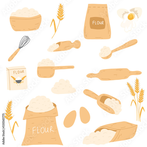 Baking ingredients in cartoon flat style. Bag with flour, eggs, kitchen whisk, rolling pin, wheat ear spikelet. Vector illustration set for pastry cooking