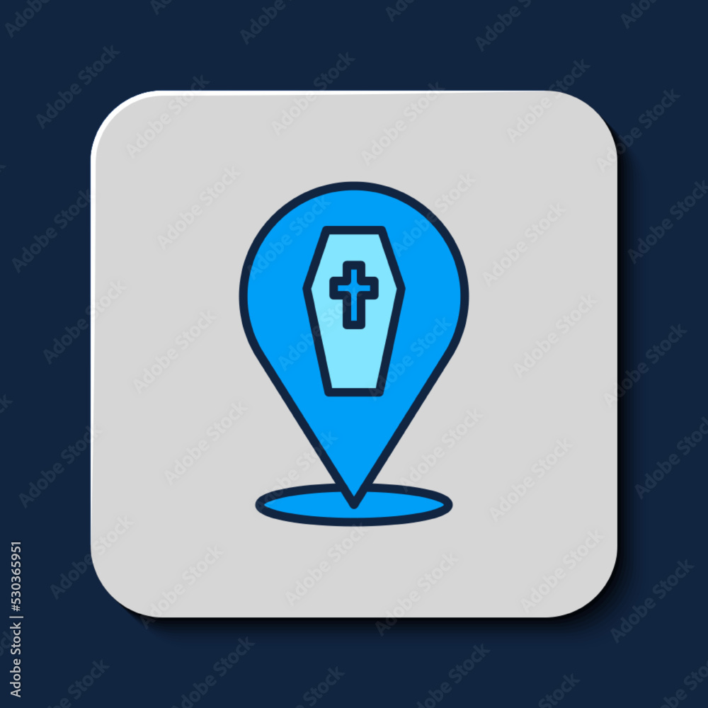 Filled outline Coffin with christian cross icon isolated on blue background. Happy Halloween party. Vector Filled outline Coffin with christian cross icon isolated on blue background. Happy Halloween party. Vector
