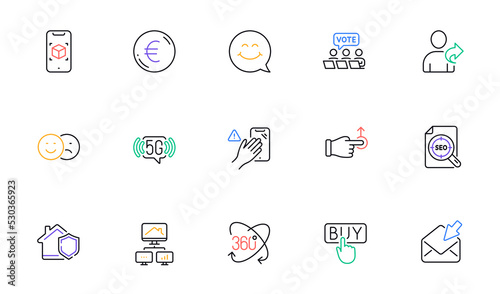 Refer friend, Smile face and Buying line icons for website, printing. Collection of Dont touch, Like, Online voting icons. 5g wifi, Augmented reality, Full rotation web elements. Vector