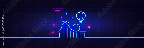 Neon light glow effect. Roller coaster line icon. Amusement park sign. Carousels symbol. 3d line neon glow icon. Brick wall banner. Roller coaster outline. Vector