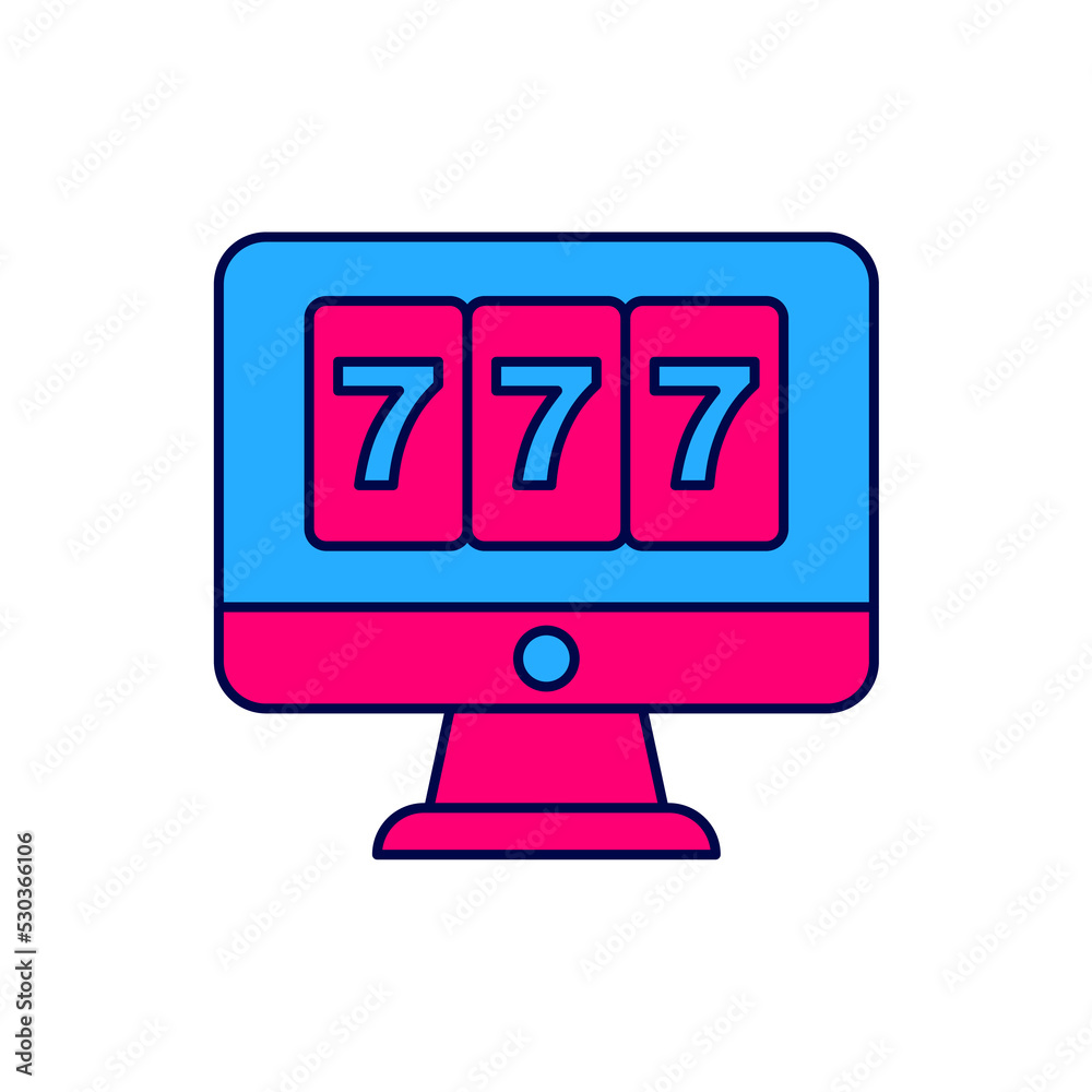 Filled outline Online slot machine with lucky sevens jackpot icon isolated on white background. Online casino. Vector