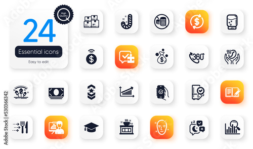 Set of Business flat icons. Water cooler, Sleep and Food delivery elements for web application. Puzzle, Certified refrigerator, Chart icons. Dollar exchange, Graduation cap. Vector