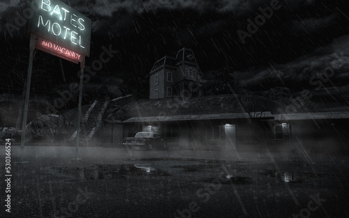 Creepy haunted motel by night with rain, neon sign and parked car. 3D illustration