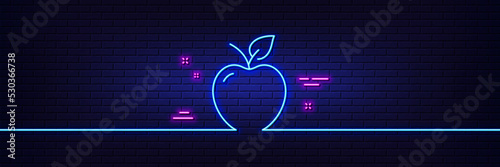 Neon light glow effect. Apple line icon. Fruit food sign. Diet nutrition symbol. 3d line neon glow icon. Brick wall banner. Apple outline. Vector