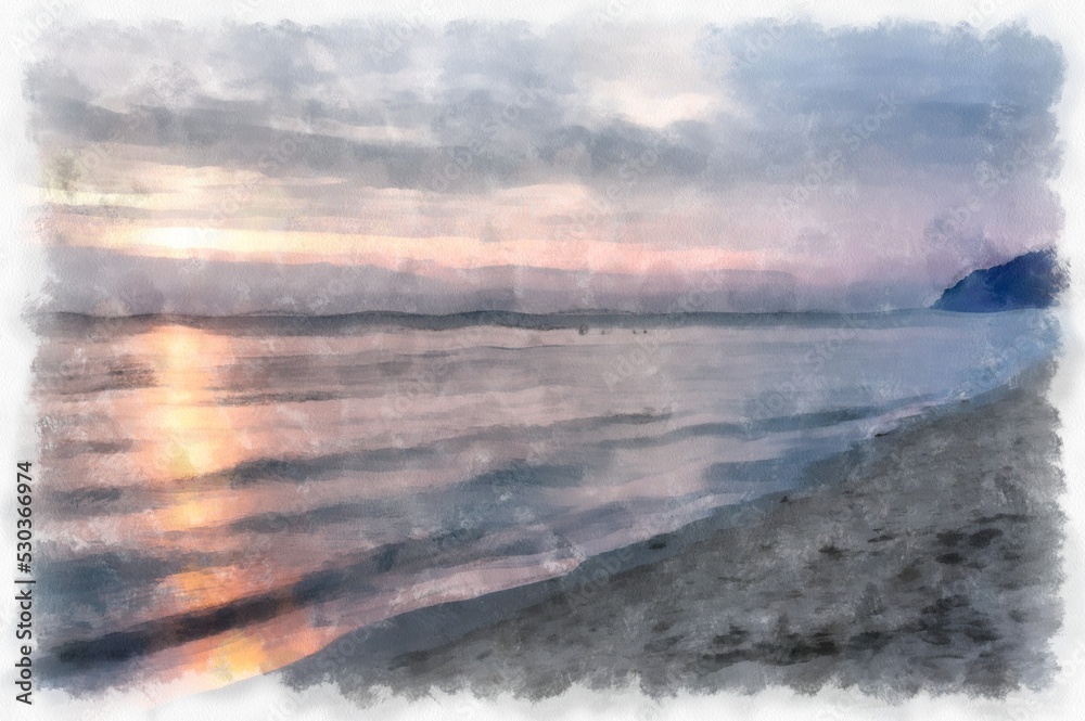 seaside beach landscape watercolor style illustration impressionist painting.