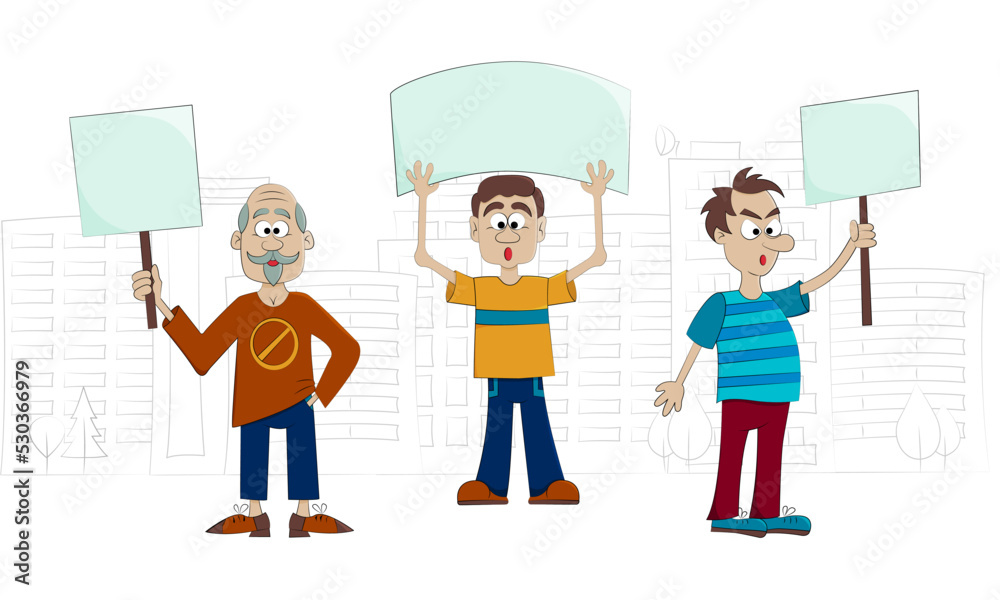 People protesting with placards in front of the city. Male activists. Protest actions. Vector illustration in cartoon style. People protesting with placards in front of the city. Male activists. Protest actions. Vector illustration in cartoon style.