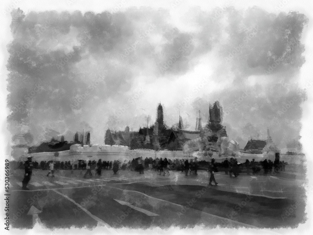 The landscape of Wat Phra Kaew the Grand Palace Bangkok watercolor style illustration impressionist painting.