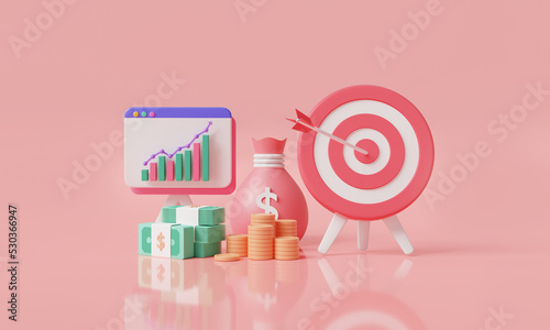 Target with chart graph diagram growing and money stack. planning, saving money, Goal setting, revenue increase, Dollar stack, investment, cash. Business target concept. 3d render illustration