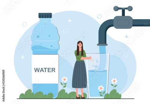 Woman with clean water. Young girl fills glass from tap. Thirst and hydration. Health care, active lifestyle, sport and fitness. Poster or banner for website. Cartoon flat vector illustration
