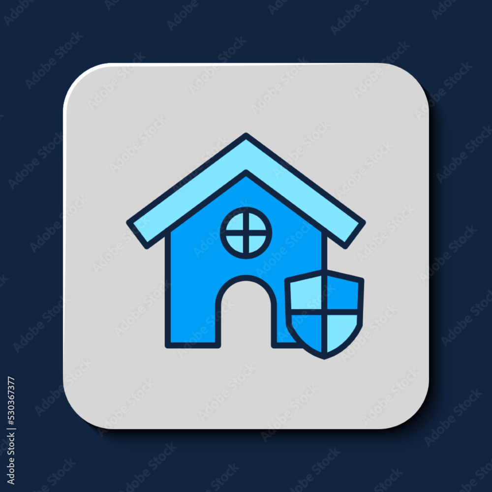 Filled outline House with shield icon isolated on blue background. Insurance concept. Security, safety, protection, protect concept. Vector Filled outline House with shield icon isolated on blue background. Insurance concept. Security, safety, protection, protect concept. Vector