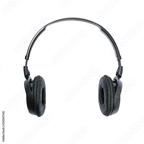 Modern black wireless headphones isolated on a transparent background.
