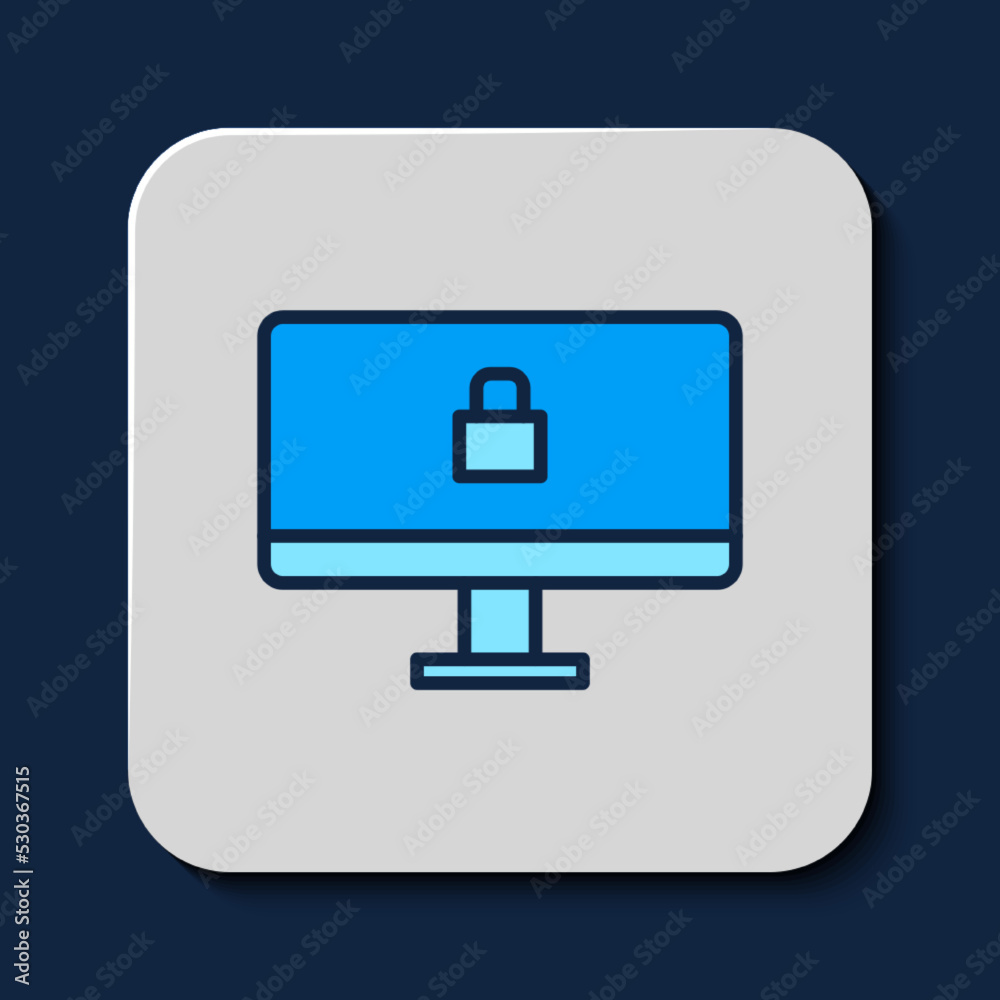 Filled outline Lock on computer monitor screen icon isolated on blue background. Security, safety, protection concept. Safe internetwork. Vector Filled outline Lock on computer monitor screen icon isolated on blue background. Security, safety, protection concept. Safe internetwork. Vector