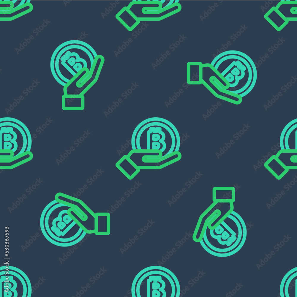 Line Hand holding Bitcoin icon isolated seamless pattern on blue background. Blockchain technology, digital money market, cryptocoin wallet. Vector Line Hand holding Bitcoin icon isolated seamless pattern on blue background. Blockchain technology, digital money market, cryptocoin wallet. Vector