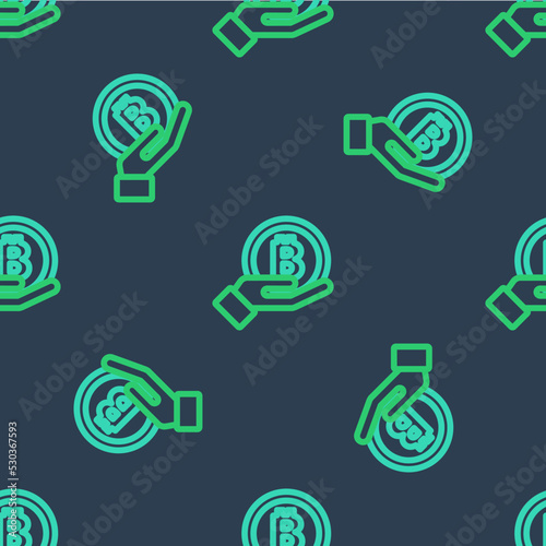 Line Hand holding Bitcoin icon isolated seamless pattern on blue background. Blockchain technology, digital money market, cryptocoin wallet. Vector