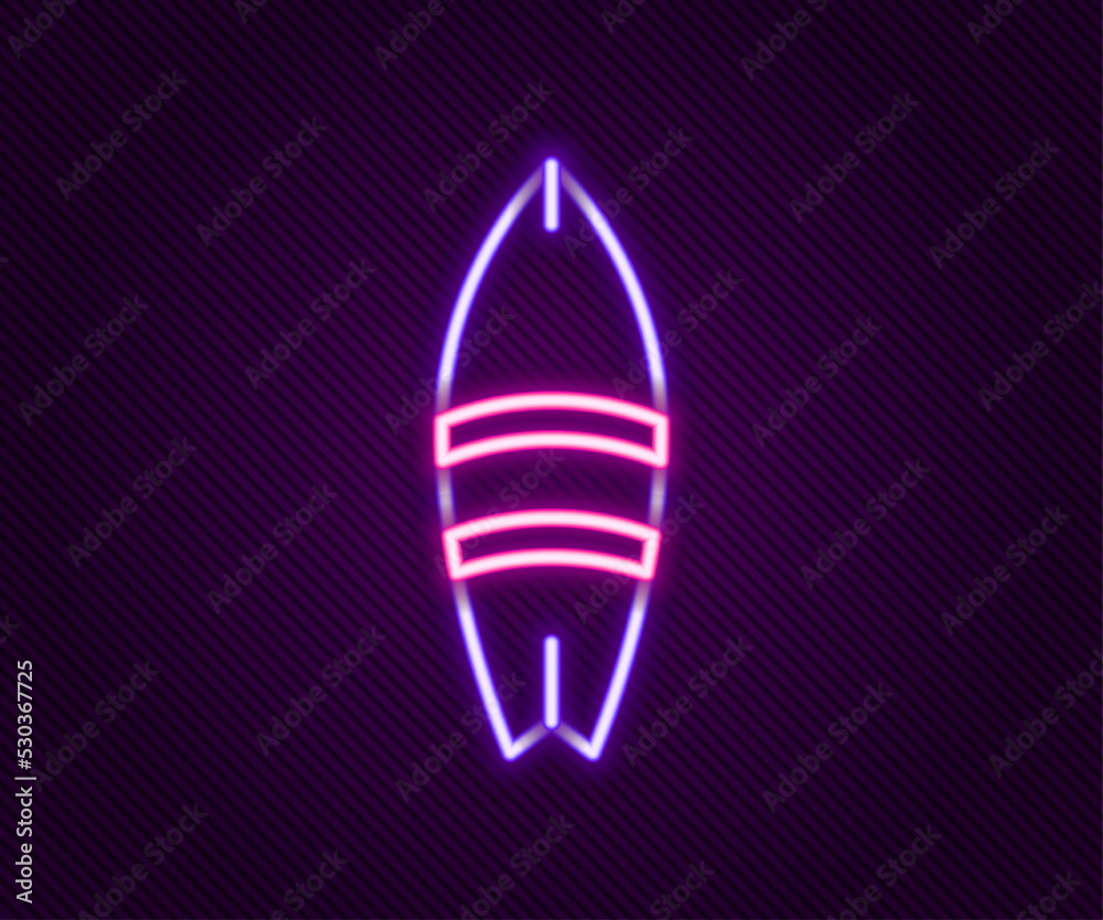 Glowing neon line Surfboard icon isolated on black background. Surfing board. Extreme sport. Sport equipment. Colorful outline concept. Vector Glowing neon line Surfboard icon isolated on black background. Surfing board. Extreme sport. Sport equipment. Colorful outline concept. Vector