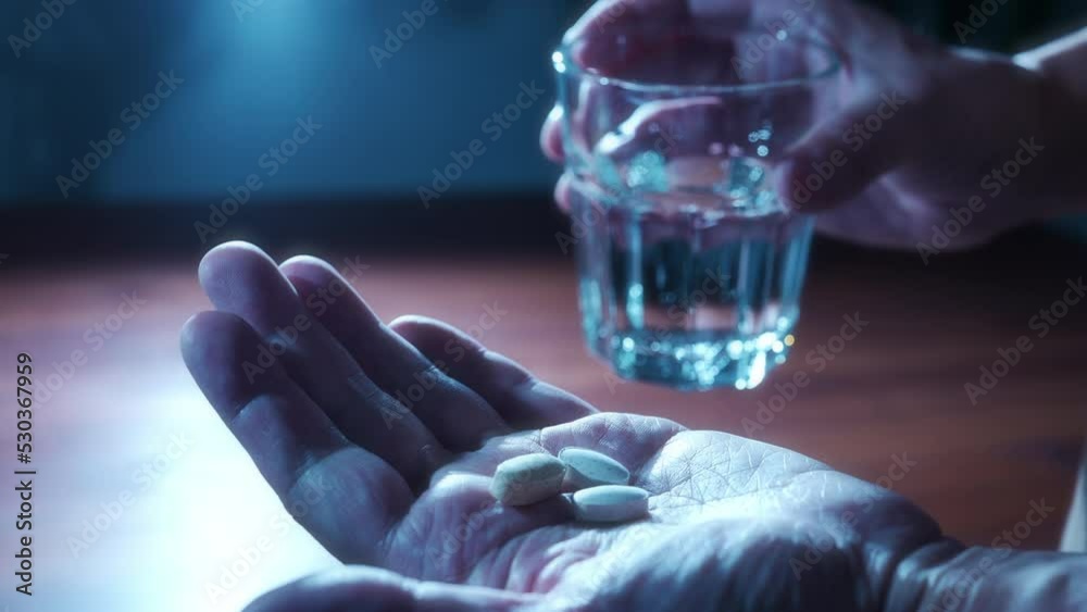 暗い部屋で薬を飲む男性