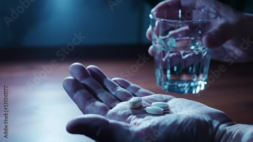 暗い部屋で薬を飲む男性