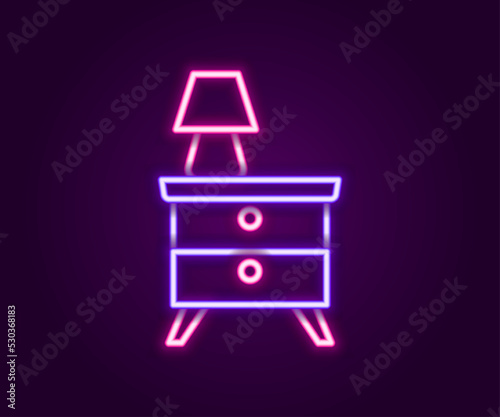 Glowing neon line Furniture nightstand with lamp icon isolated on black background. Colorful outline concept. Vector