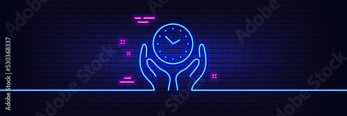 Neon light glow effect. Safe time line icon. Clock sign. Hold watch symbol. 3d line neon glow icon. Brick wall banner. Safe time outline. Vector