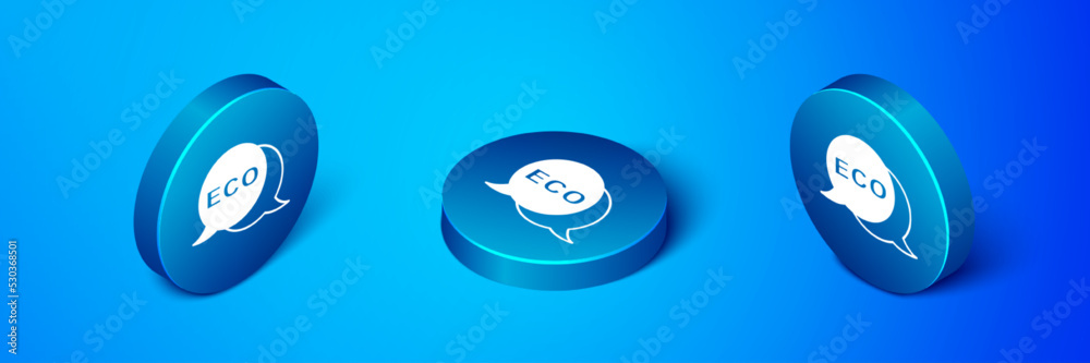 Fototapeta premium Isometric Banner, label, tag, logo for eco green healthy food icon isolated on blue background. Organic product. Healthy food sticker. Blue circle button. Vector
