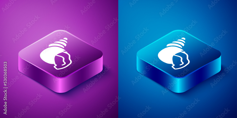 Isometric Scallop sea shell icon isolated on blue and purple background. Seashell sign. Square button. Vector