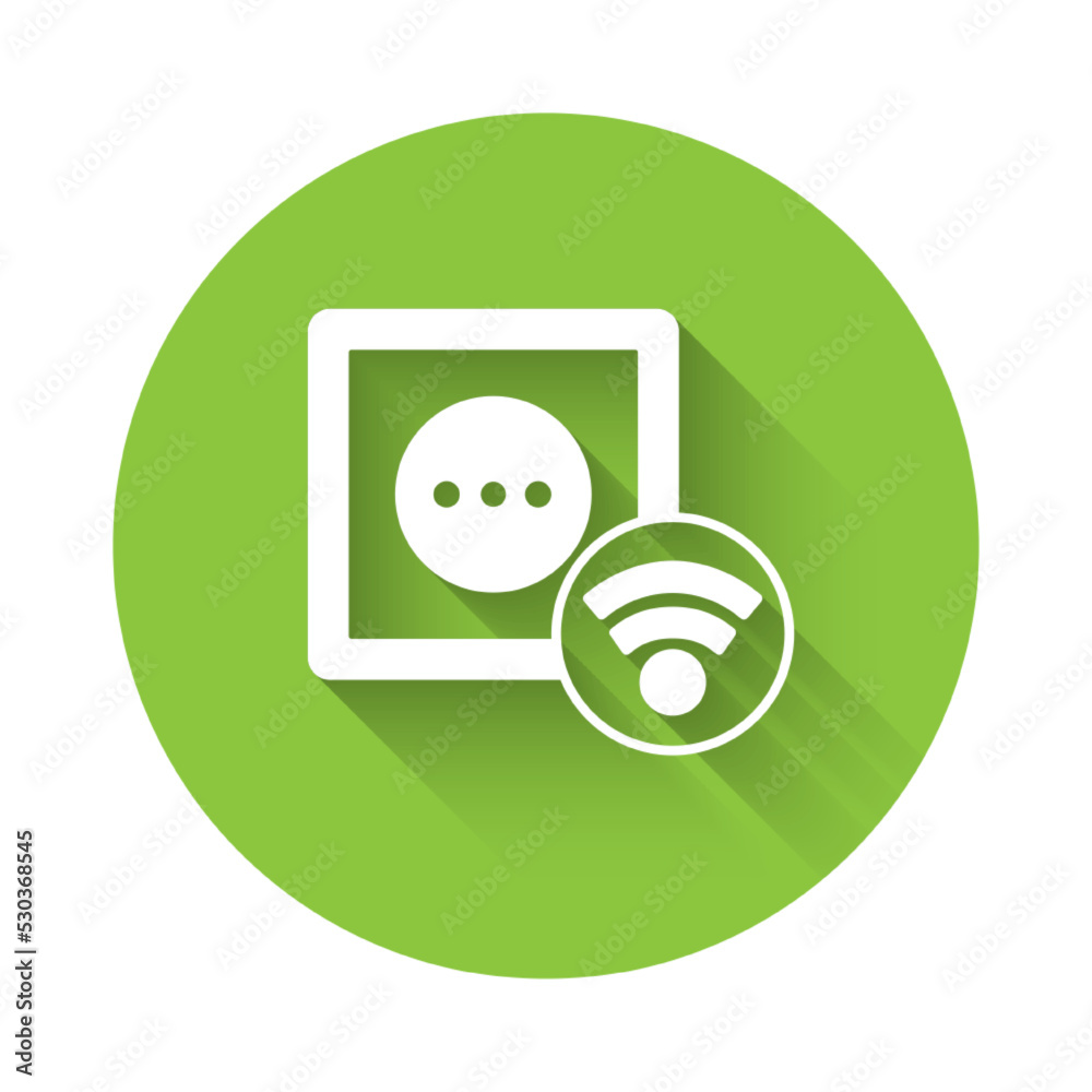 White Smart electrical outlet system icon isolated with long shadow. Power socket. Internet of things concept with wireless connection. Green circle button. Vector White Smart electrical outlet system icon isolated with long shadow. Power socket. Internet of things concept with wireless connection. Green circle button. Vector