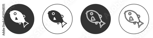 Black Tropical fish icon isolated on white background. Exotic fish. Circle button. Vector